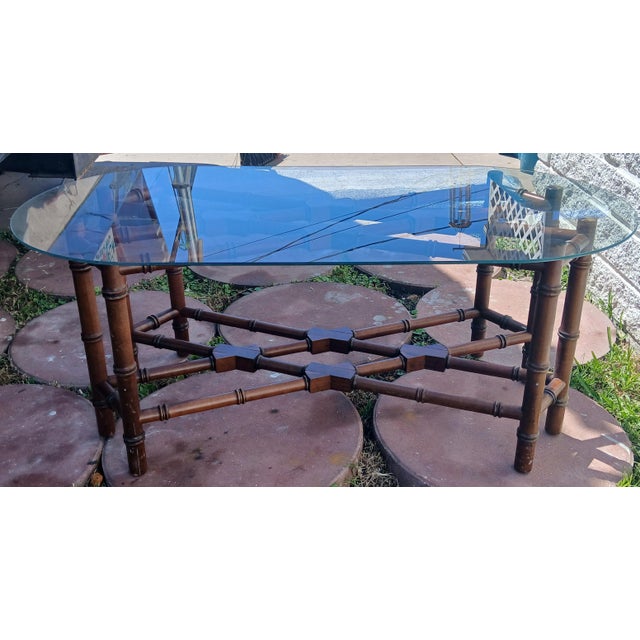 1960s Hollywood Regency Chinoiserie Faux Bamboo Glass Top Coffee Tableee For Sale - Image 4 of 12