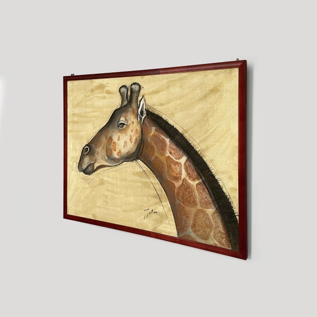 French painting of a giraffe by Etiennette Johan, 1930s Mixed-media painting on canvas depicting a giraffe in profile in...