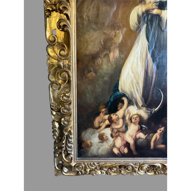 Late 19th Century Late 19th Century Large Italian Gilt Framed Religious Oil Painting – Immaculate Conception After Murillo – Florence, Italy For Sale - Image 5 of 11
