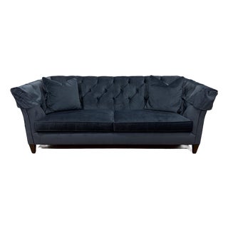 Ethan Allen Shelton Deep Blue Velvet Sofa, 87” For Sale