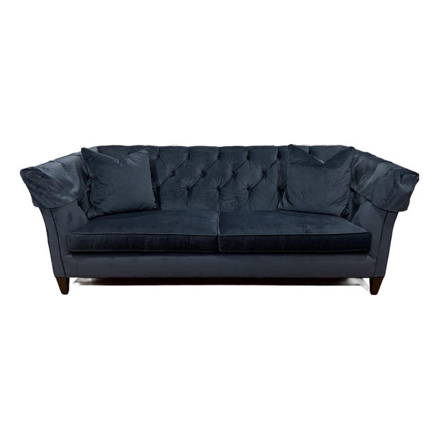 Ethan Allen Shelton Deep Blue Velvet Sofa, 87” For Sale