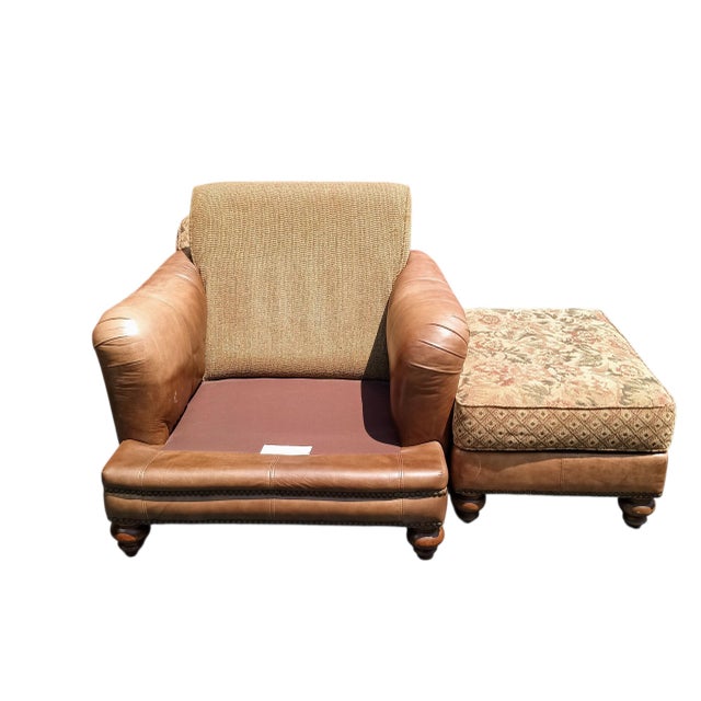 American-Made Luxury Ricardo Leather/Fabric Chair and Ottoman Set by King Hickory. For Sale - Image 9 of 12