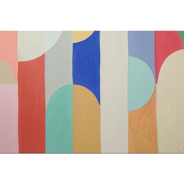 2026, Bauhaus Geometric Triptych Painting in Vivid Pastel Tones, Chromatic Deco Radiance, Acrylic Paint on Watercolor Paper For Sale - Image 9 of 11