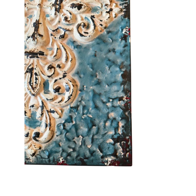 Distressed Teal & Ivory Fleur-De-Lis Metal Wall Art – 14” X 19” For Sale In Houston - Image 6 of 10