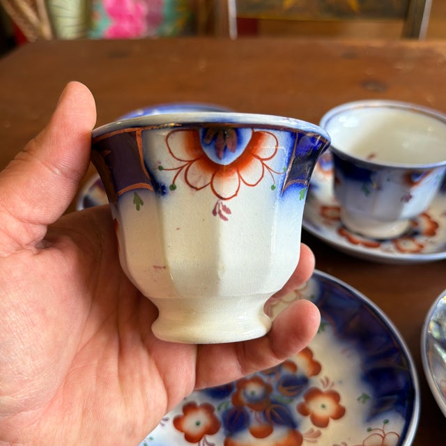 Antique Gaudy Welsh Crescent Pinwheel Flow Blue Cups & Saucers, Set of 5, Circa 1840s For Sale - Image 6 of 12