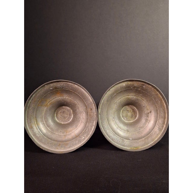 Metal Pair Antique 1840s Freeman Porter Pewter Whale Oil Lamps Westbrook Maine No. 1 For Sale - Image 7 of 17