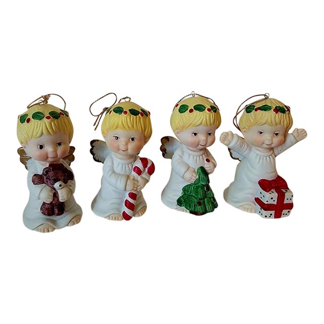 .Vintage Bisque Porcelain Angel Figurine Ornaments. Made in Taiwan. Set of Four. For Sale
