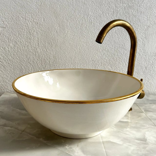 Metal Milk White Ceramic Sink With 14k Gold Rim Vessel Round Sink Bowl Basin With Drain For Sale - Image 7 of 8