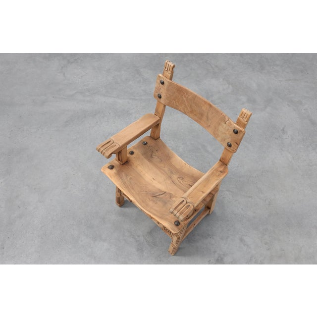 Brutalist Armchair with Carved Rosettes and Nailed Wooden Seat, Spain, 1950s For Sale - Image 15 of 16