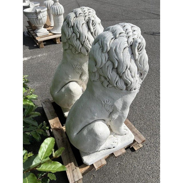 Classical Seated Lion Garden Statues in White Cast Stone, Set of 2 For Sale - Image 12 of 13