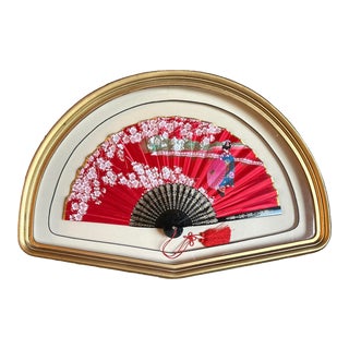 Vintage Silk Japanese Cherry Blossom Red Silk Fan Gold Shadowbox Framed Wall Art For Sale
