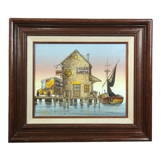 Late 20th Century H. Hargrove Signed Serigraph Fishing Harbor Dock Scene Framed Art For Sale
