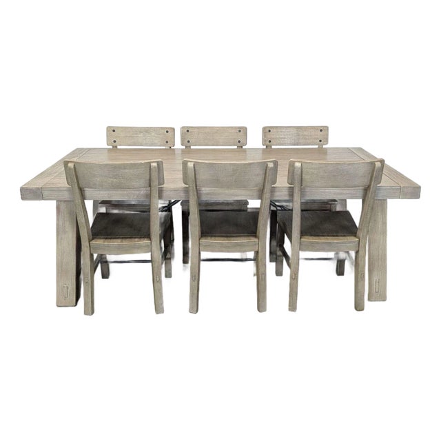Pottery Barn Benchwright 7-Piece Rustic Wood Dining Set With Chairs For Sale