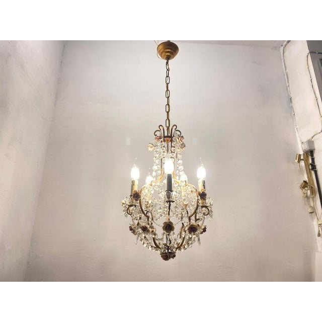 Glass Vintage Crystal Ceramic Rose Chandelier, 1960s For Sale - Image 7 of 15