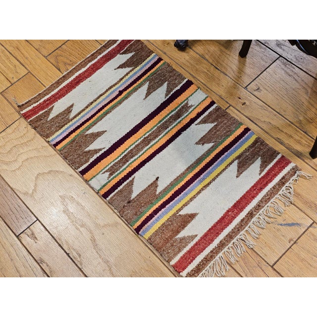Vintage Native American Navajo Area Rug, Handwoven Wool, Geometric Band Pattern, Ivory, Rust, Purple, Yellow, 2x3 For Sale - Image 10 of 14