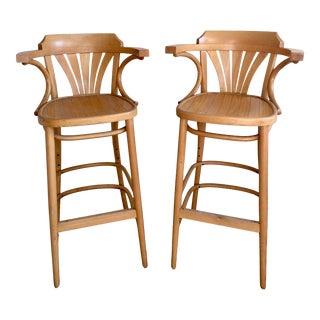 Mid Century Thonet Radomsko Bentwood Counter Stools With Arms - a Pair For Sale