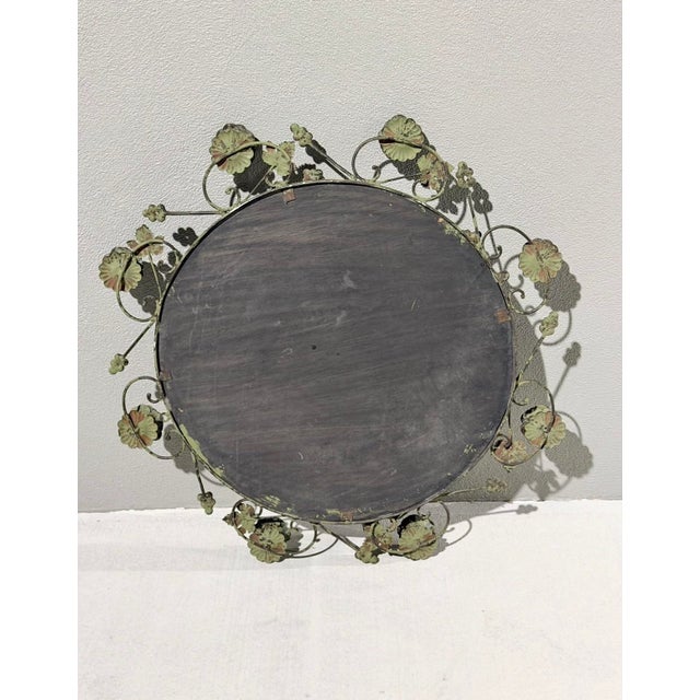 Hollywood Regency Vintage Italian Tole Mirror With Verdigris Finish Roses on Vine For Sale - Image 4 of 9