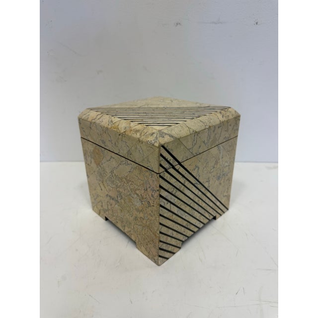1980s Large Tessellated Stone and inlaid brass Maitland Smith Decorative Box. Felt lining