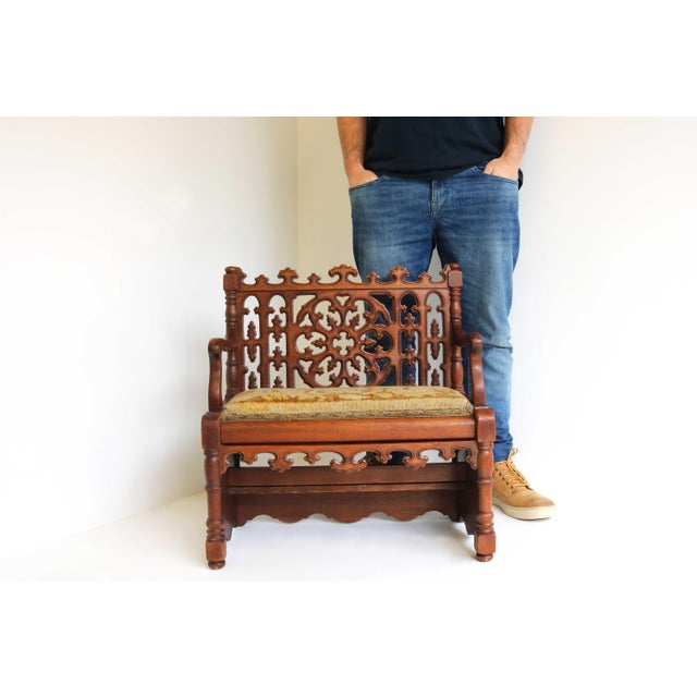 Antique French Gothic Revival Wood Hall Bench, 1880s For Sale - Image 5 of 18