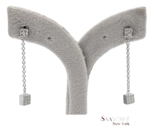 18k 750 Solid White Gold Natural Diamond Box Drop Earrings, A Pair
