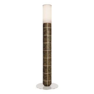 Handcrafted Ceramic Floor Lamp in with Linen Cylinder Lampshade in Smoked Moss Glaze by Svitanok For Sale