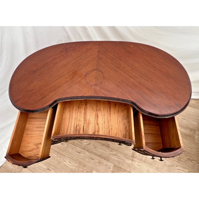 Brown Vintage French Desk Kidney Shaped Vanity Four Carved Drawers Petite Size For Sale - Image 8 of 12