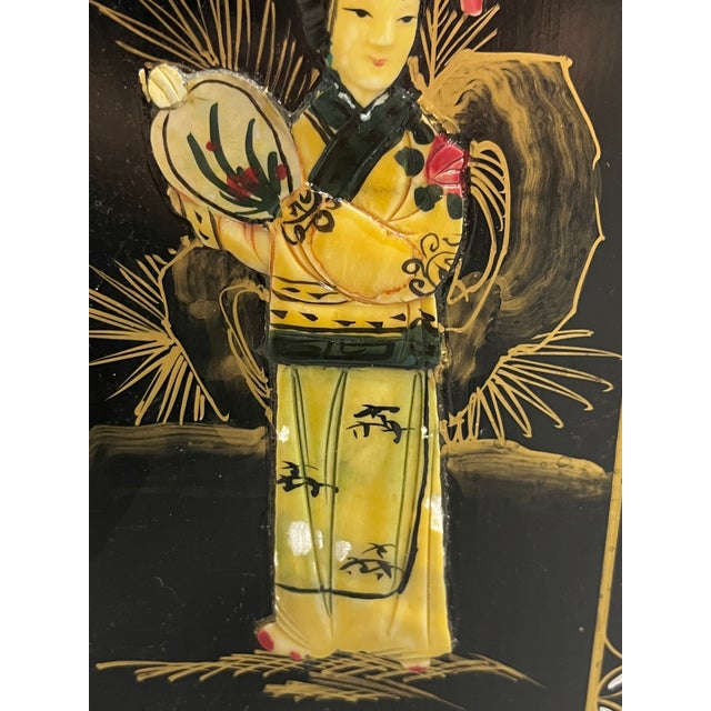 Vintage Chinoiserie Black Lacquer and Soap Stone Maiden Umbrella Stand For Sale - Image 14 of 18
