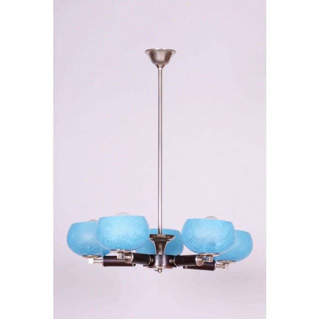 Art Deco Chandelier in Chrome-Plated Steel, Beech, and Glass, Czech, 1920s For Sale - Image 12 of 12