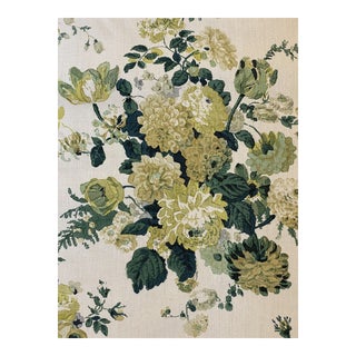 Clarence House Dahlia Hand Block Color Green Sku 1569602 Linen Fabric 4 1/2 Yards For Sale