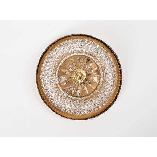 French 1960s Brass & Pressed Glass Flush Mount Fixture For Sale - Image 3 of 10