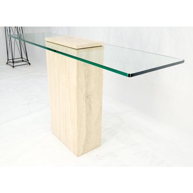 Late 20th Century Rectangle Travertine Stone Base Glass Top Italian Console Sofa Table MINT! For Sale - Image 5 of 17