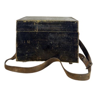 Antique English Pine Angler’s Fishing Tackle Box With Leather Strap, Circa 1920 For Sale