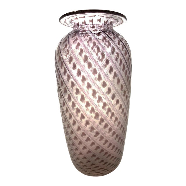 Pink White Swirl Art Glass Vase, Signed For Sale