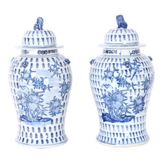 Pair of Large Blue and White Porcelain Lidded Urns or Jars For Sale