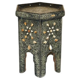 Antique Indian Repousse Pewter with Stone Inlaid Detailing Side Table, 1920 For Sale