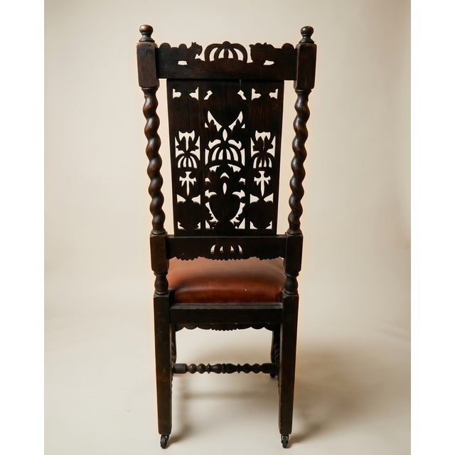Wood Pair of Antique Jacobean Revival Carved Oak Hall Chairs With Heraldic Crest Backs & Leather Seats For Sale - Image 7 of 7