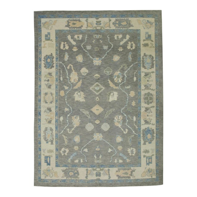 Early 21st Century Gray Floral Design Handwoven Wool Turkish Oushak Rug 6'1" X 8'4" For Sale