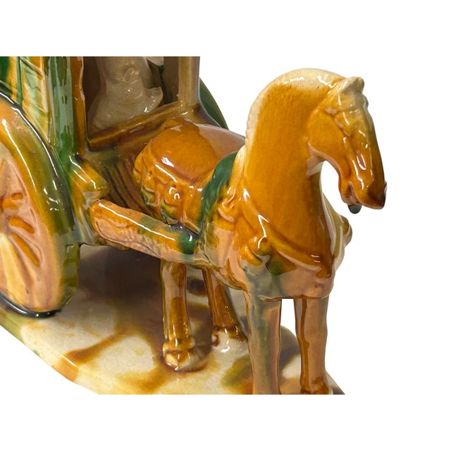 Oriental Tri-Color Green White Yellow Ceramic Horse Cart Art Figure For Sale - Image 9 of 10