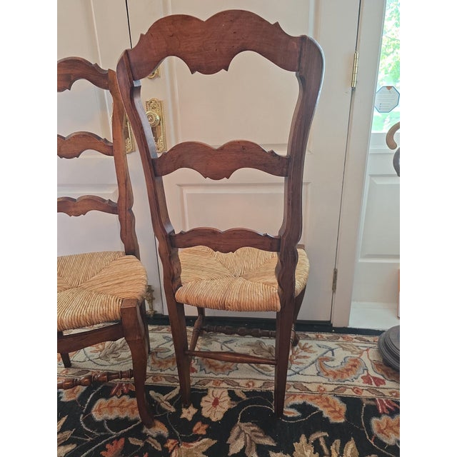 Burnt Umber 2 Vintage French Provincial Ladder Back Walnut Rush Seat Chairs For Sale - Image 8 of 13