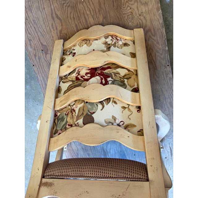 Wood Century Furniture Ladderback Arm Accent Chair in Distressed Ivory Finish, With Custom Upholstered Contrast Fabric and Decorative Welt Details. For Sale - Image 7 of 9