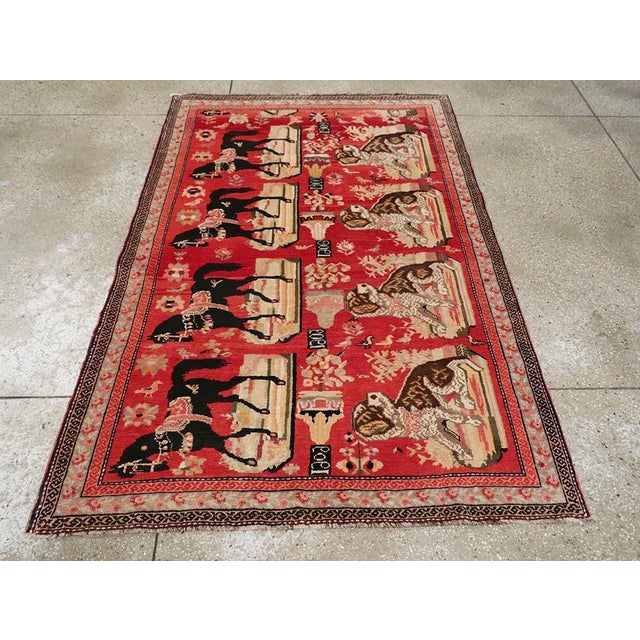 Early 20th Century Early 20th Century Handmade Caucasian Horse & Dog Karabagh Pictorial Accent Rug For Sale - Image 5 of 7