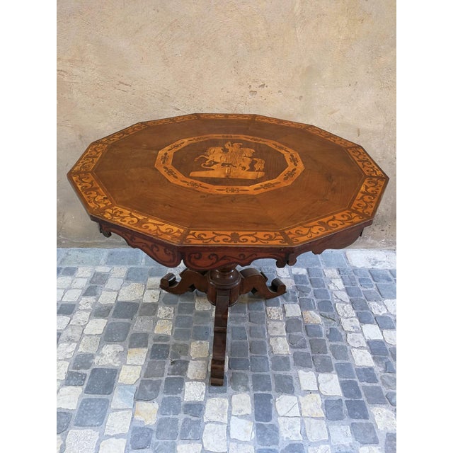 Dodecagonal Maple and Walnut Inlaid Table with Saint George and the Dragon, Rome, Italy, Early 19th Century For Sale - Image 9 of 9