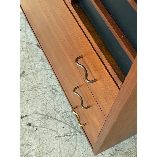 Mid century modern highboy dresser by American of Martinsville, featuring newly refinished walnut wood, black gridded...