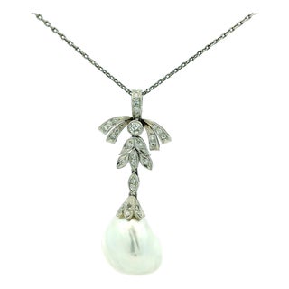 Vintage Platinum Diamond and 18mm Baroque Pearl Drop Necklace For Sale