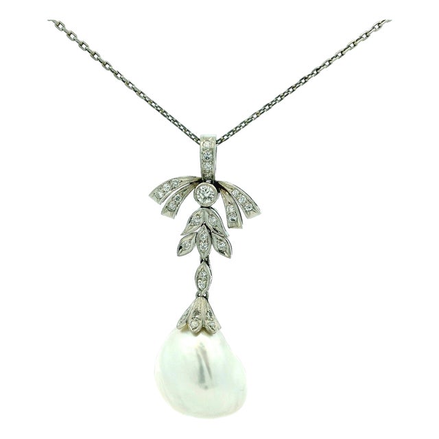 Vintage Platinum Diamond and 18mm Baroque Pearl Drop Necklace For Sale