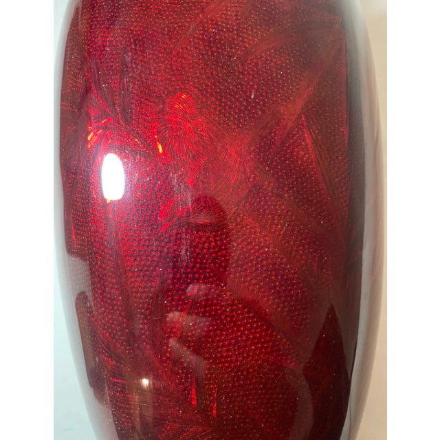 Share Huge Antique Japanese Ginbari Red Foil Enamel Tooled Bronze Guilloche Vase Lamp For Sale - Image 10 of 11