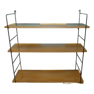 Mid-Century Modern String Shelves in Medium Brown Wood, 2 Black Ladders, 1960s For Sale