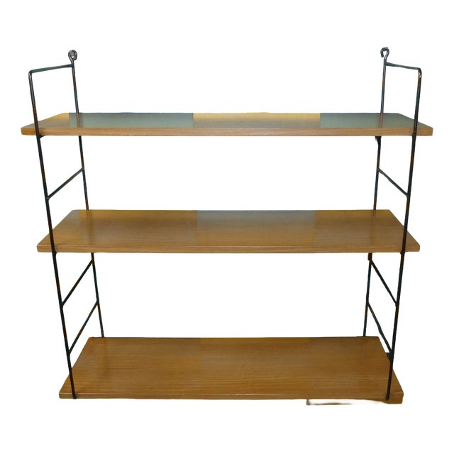 Mid-Century Modern String Shelves in Medium Brown Wood, 2 Black Ladders, 1960s For Sale