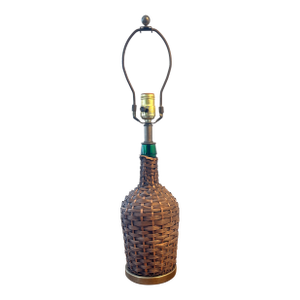 Vintage Woven Wicker Wrapped Green Bottle Table Lamp