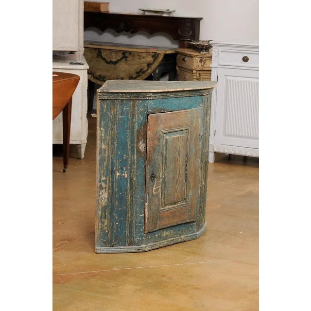 Late 18th Century 1790s Swedish Gustavian Period Blue Painted Wall Hanging Corner Cabinet For Sale - Image 5 of 12
